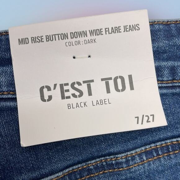 C’EST TOI Women’s 7 / 27 Mid Rise Button Down Wide Flare Blue Jeans - Picture 4 of 4
